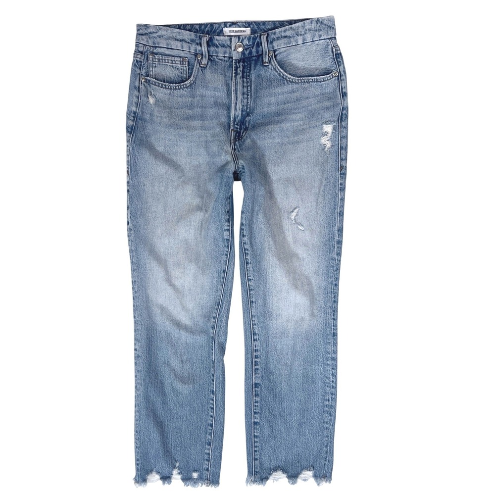 GOOD AMERICAN High Rise Straight Jeans 6 28 Good Vintage Raw Hem Distress 90s
